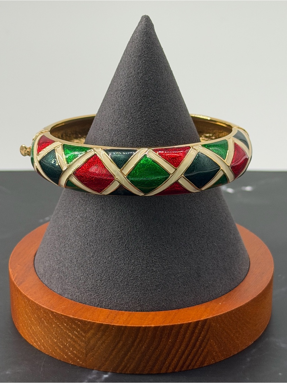 Joan Rivers Enamel Hing Bangle Bracelet Red Green Black Gold Tone Signed Vintage